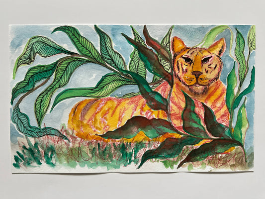 Artistic depiction of a tiger peeking from behind leaves on a textured background