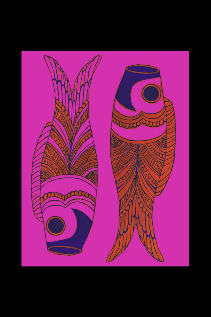 Decorative fish with intricate patterns on a pink background
