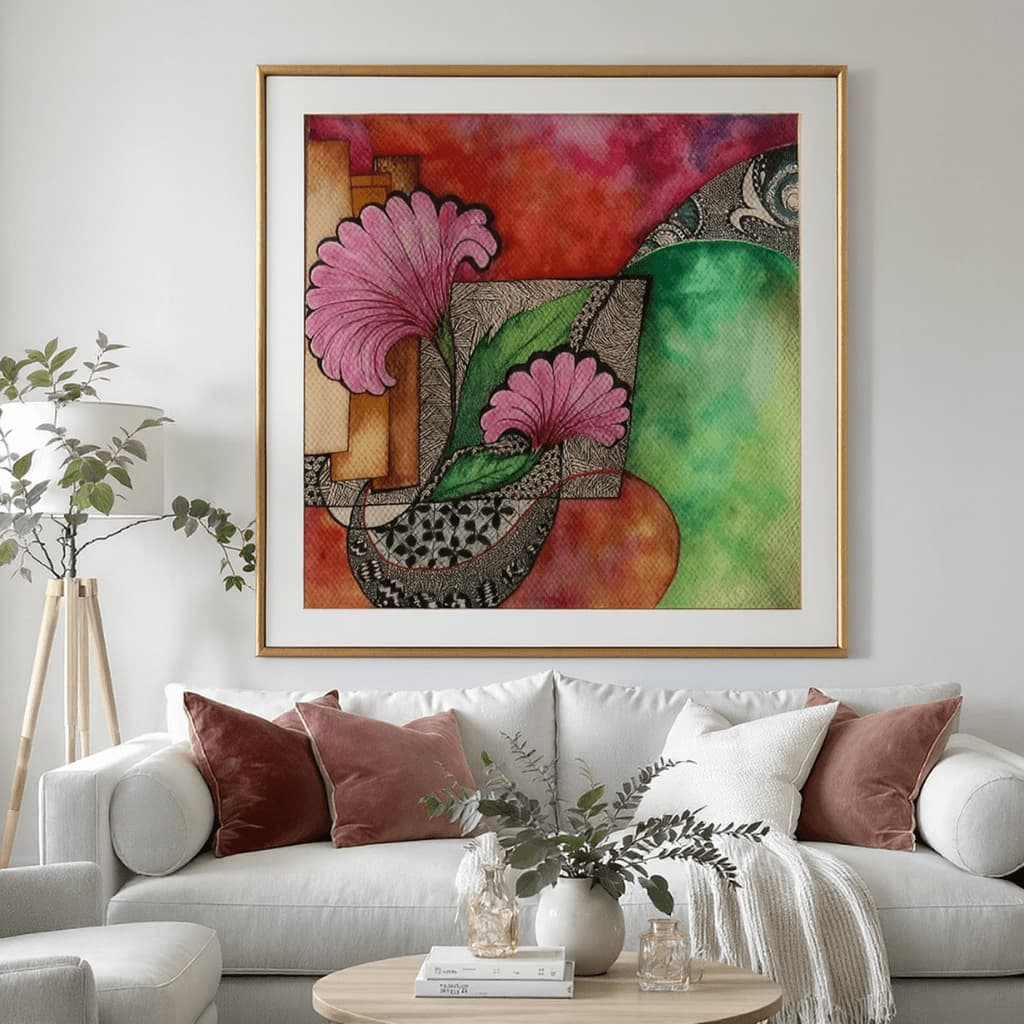Framed painting of pink patterned flowers on an orange and green background, hung above a white sofa with rust pillows