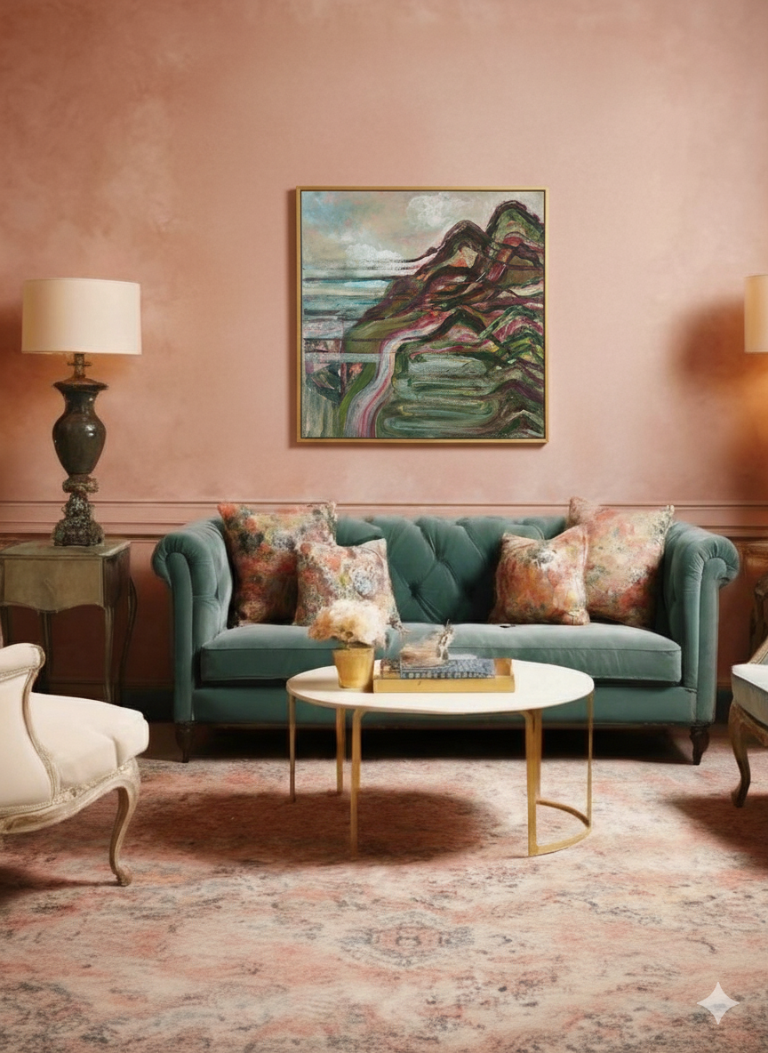 AI-rendered mockup of a framed green and maroon mountain landscape painting above a teal sofa in a pink living room