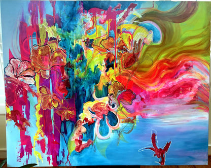 Embracing, a large abstract painting on stretched canvas, shown in full on an easel — bold blue, magenta, and gold florals with a red bird figure over a pale blue sky and water.