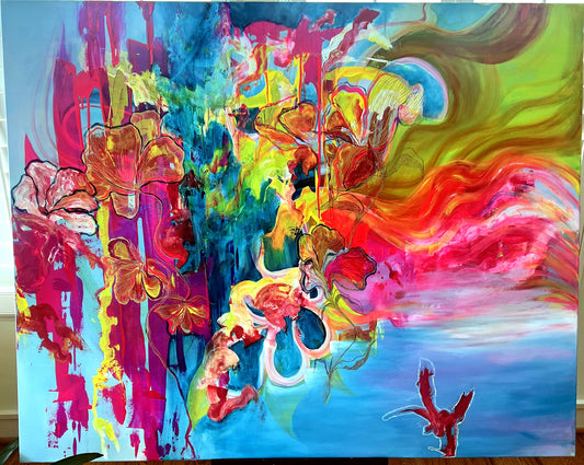 Embracing, a large abstract painting on stretched canvas, shown in full on an easel — bold blue, magenta, and gold florals with a red bird figure over a pale blue sky and water.
