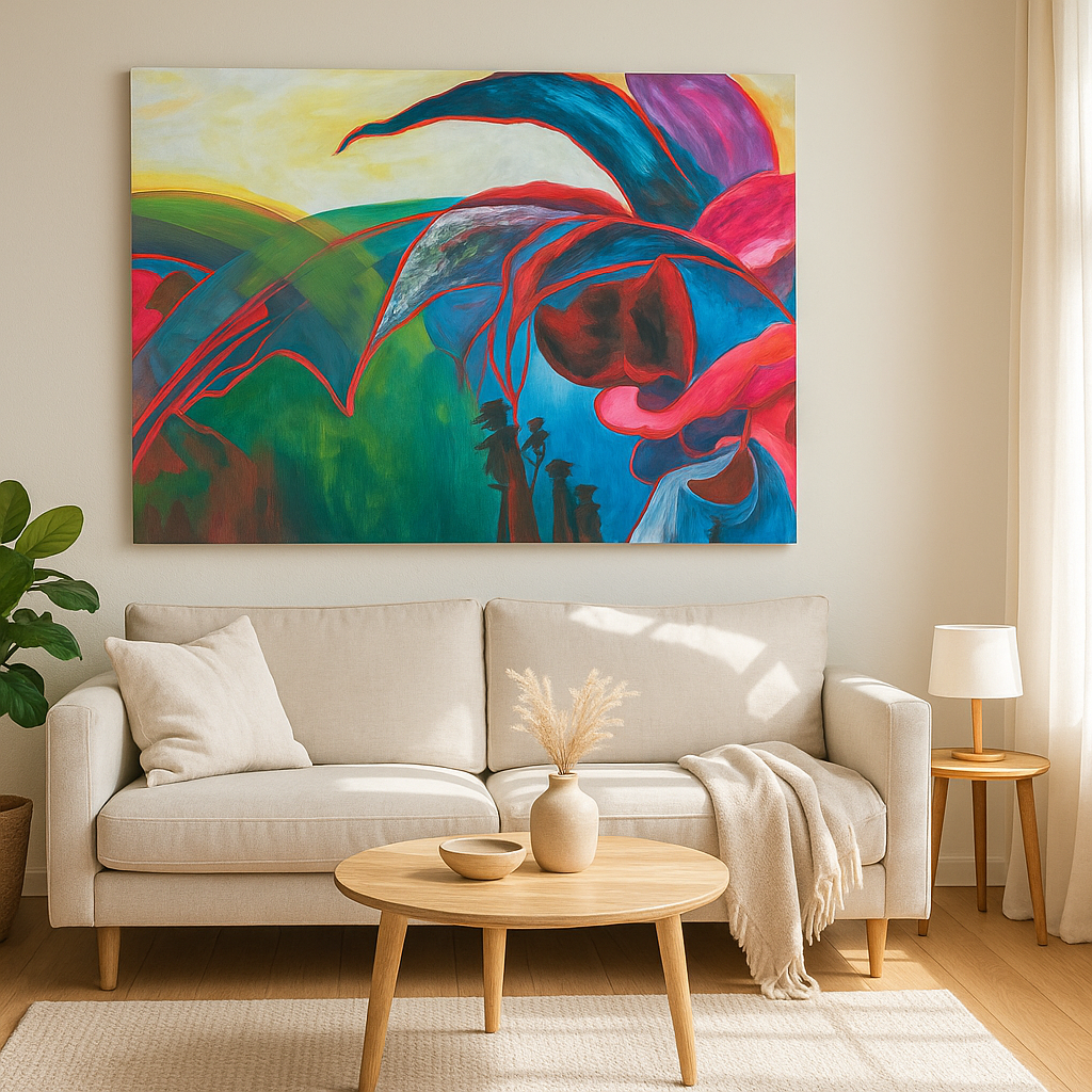 Colorful abstract painting of swirling red, blue and purple shapes over green hills with silhouetted figures
