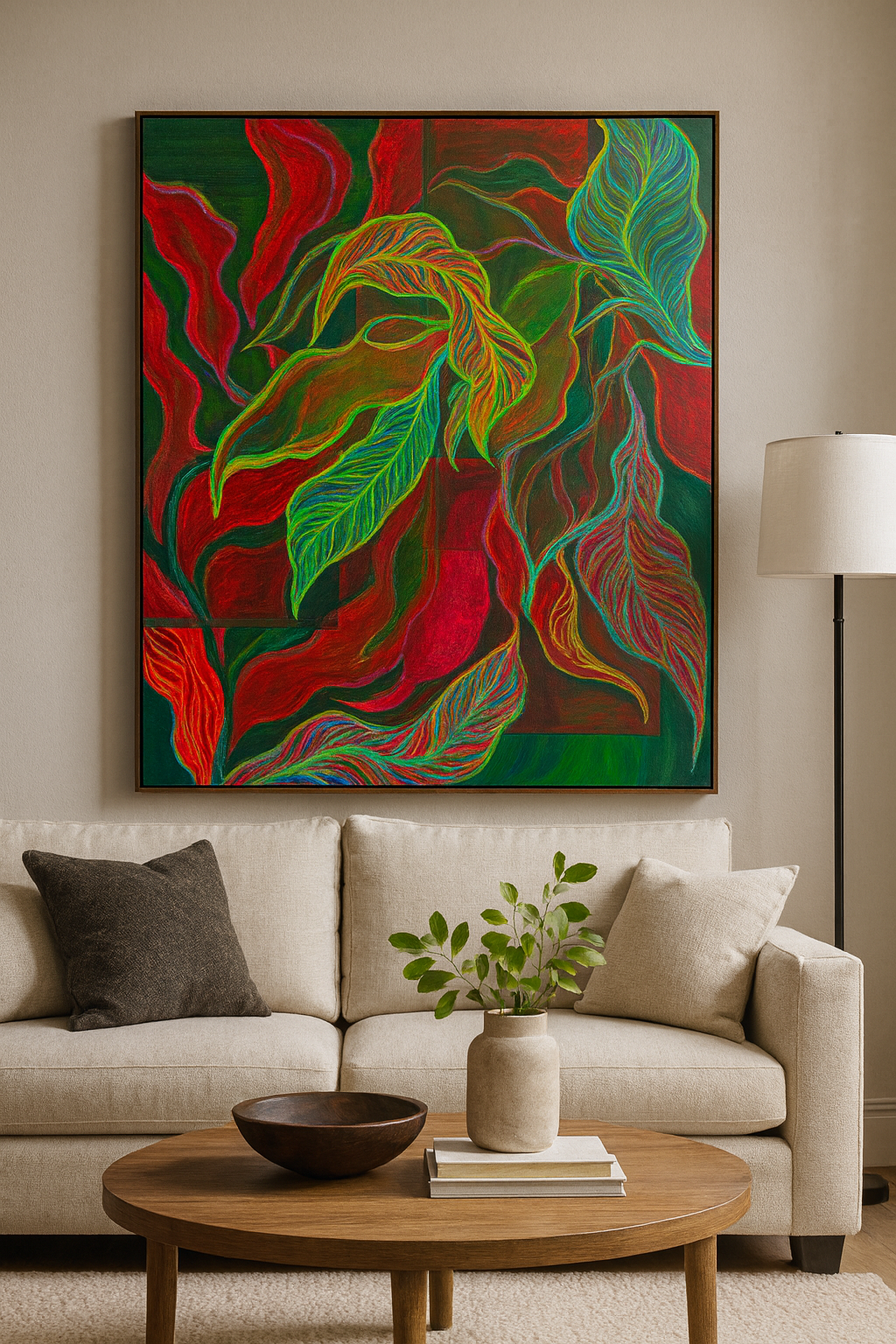 Framed painting of glowing red and green leaf shapes with neon outlines, hung above a beige sofa