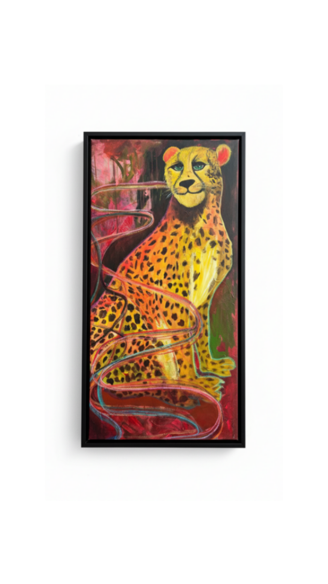 Black-framed print of the spotted leopard painting shown flat against a white background