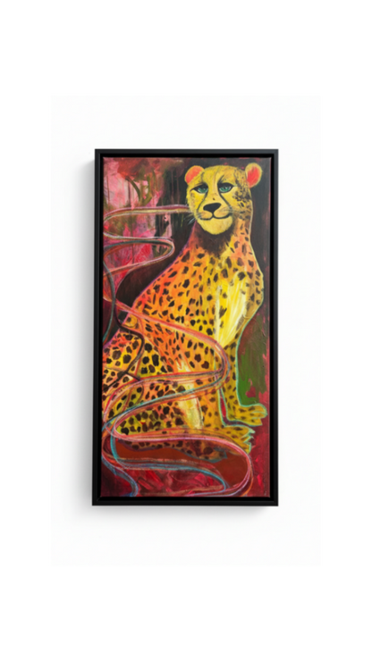 Black-framed print of the spotted leopard painting shown flat against a white background