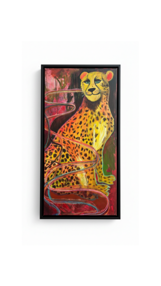 Black-framed print of the spotted leopard painting shown flat against a white background