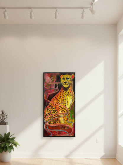 Framed painting of an orange and yellow spotted leopard with swirling red ribbons, hung on a white gallery wall
