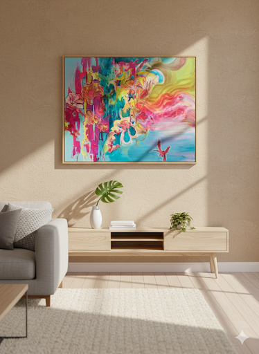Framed abstract painting with vivid pink, yellow, and teal swirling colors, hung above a light wood console table